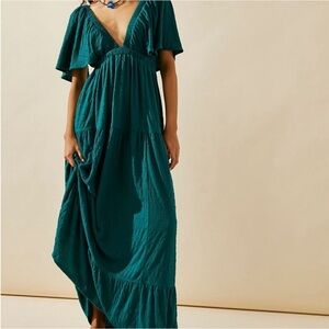 free people beach la la maxi tiered ruffle dress size s boho retro chic emerald